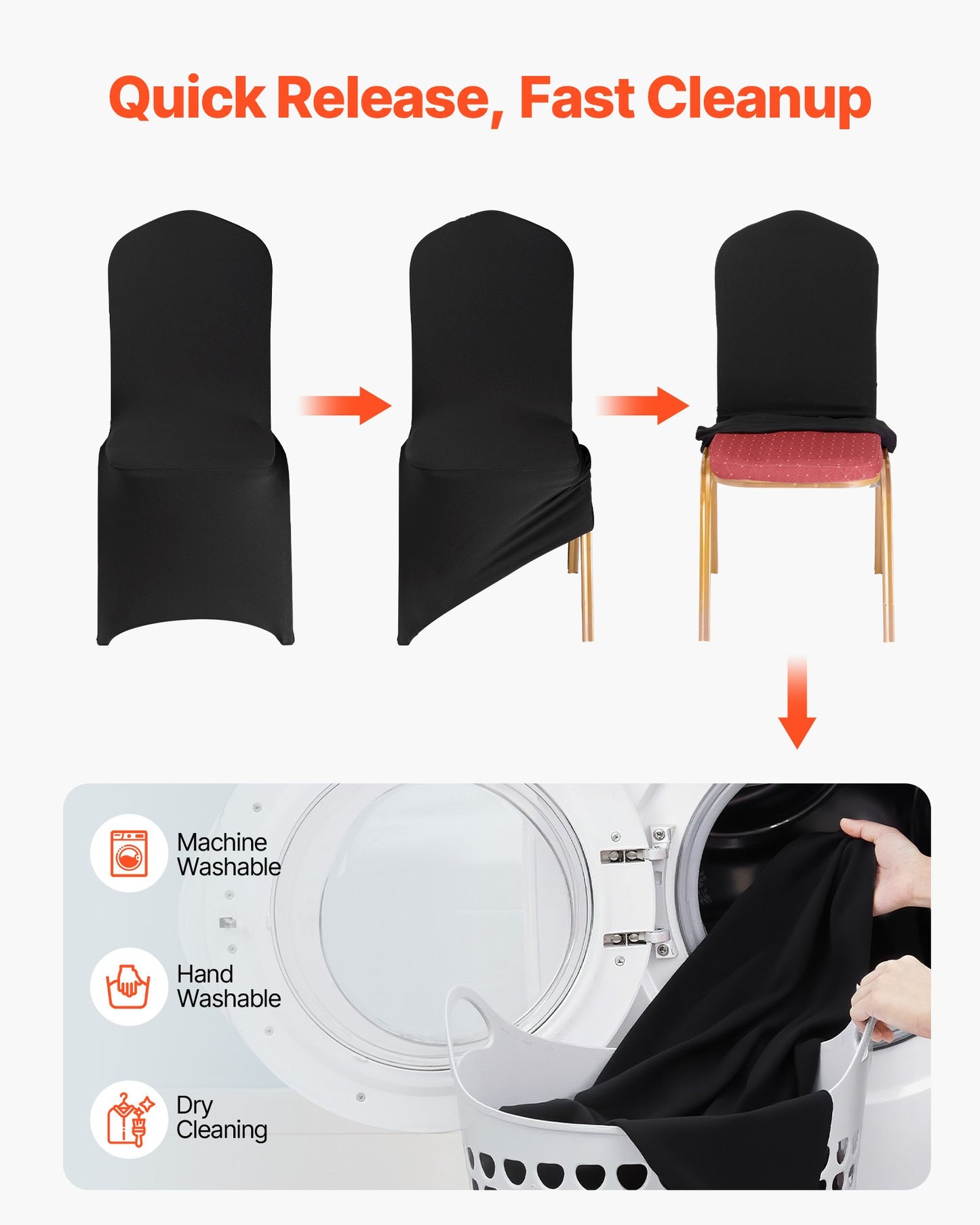 150 st svarta stolsöverdrag, polyester-spandex stolsöverdrag, stretchöverdrag för bröllopsfest, middag, bankett, platt front, passar stolsmått upp till 20,08 x 17,72 x 37,4 tum