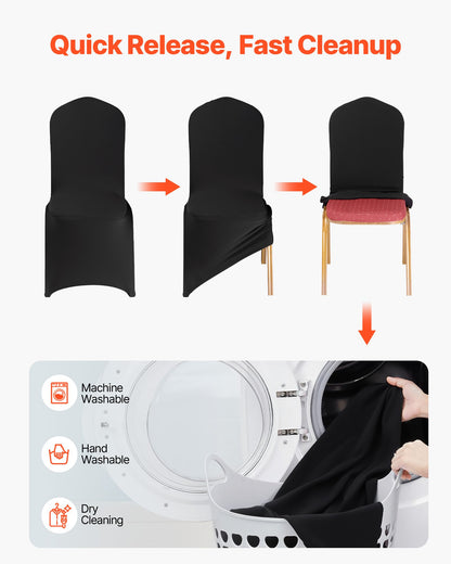 150 st svarta stolsöverdrag, polyester-spandex stolsöverdrag, stretchöverdrag för bröllopsfest, middag, bankett, platt front, passar stolsmått upp till 20,08 x 17,72 x 37,4 tum