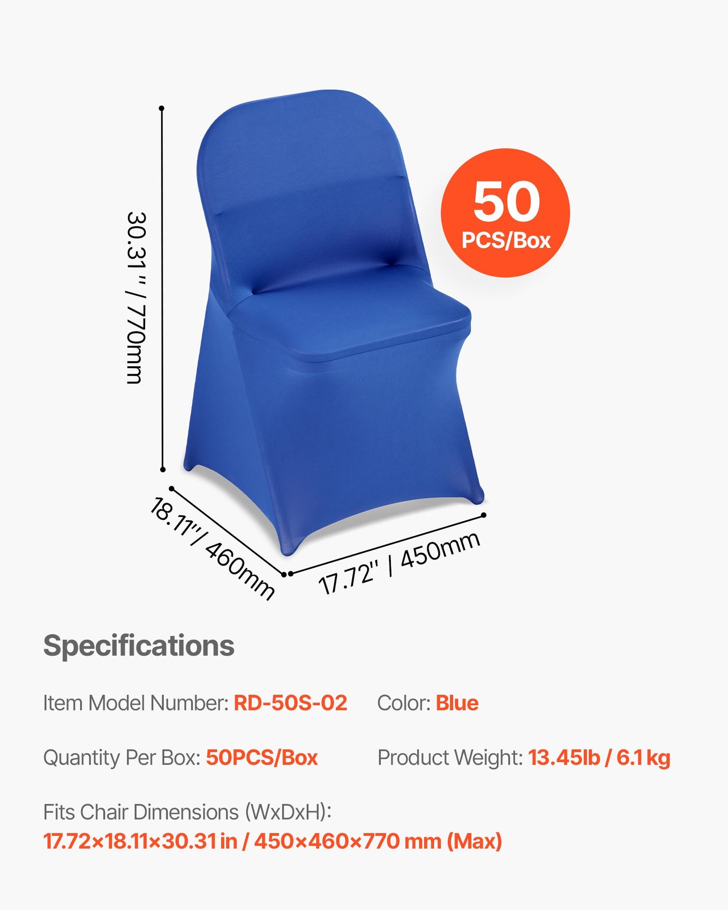 50 st blå stolsöverdrag, polyester spandex stolsöverdrag, stretchöverdrag för bröllopsfest middag bankett stolsöverdrag med platt front, passar stolsmått upp till 17,72 x 18,11 x 30,31 tum