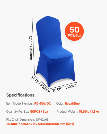 50 st. kungblå stolsöverdrag, polyester-spandex stolsöverdrag, stretchöverdrag för bröllopsfest, middag, bankett, platt front, passar stolsmått upp till 20,08 x 17,72 x 37,4 tum