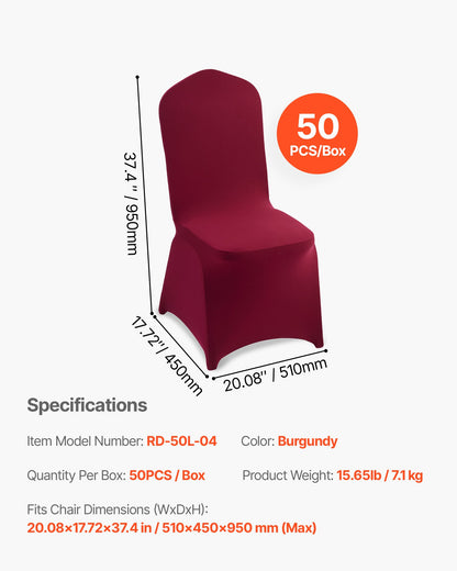 50 st. vinröda stolsöverdrag, polyester-spandex stolsöverdrag, stretchöverdrag för bröllopsfest, middag, bankett, platt front, passar stolsmått upp till 20,08 x 17,72 x 37,4 tum