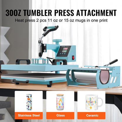 Värmepressmaskin, 15 x 15 tum, 5-i-1 värmeöverföringsmaskin med 940 ml tumlarpress, 360° svängbar T-shirtpressning, digital precisionskontroll, för T-shirts/muggar/hattar/tallrikar, grön