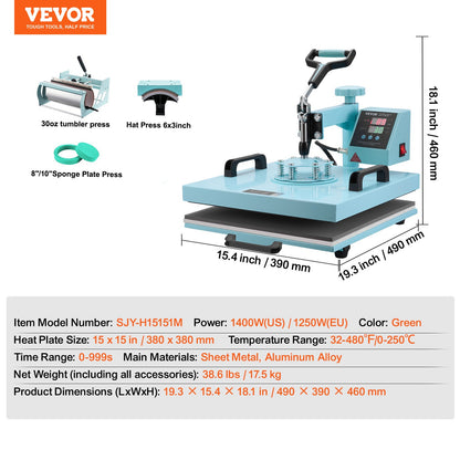 Värmepressmaskin, 15 x 15 tum, 5-i-1 värmeöverföringsmaskin med 940 ml tumlarpress, 360° svängbar T-shirtpressning, digital precisionskontroll, för T-shirts/muggar/hattar/tallrikar, grön