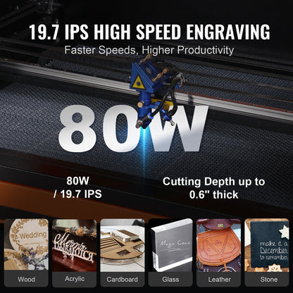 80W CO2-lasergravör, 51 x 71 cm (20 x 28 tum), 500 mm/s (19,7 IPS) laserskärmaskin med 2-vägs luftassistans, kompatibel med LightBurn, CorelDRAW, AutoCAD, Windows, Mac OS, Linux, för trä, akryl och tyg.