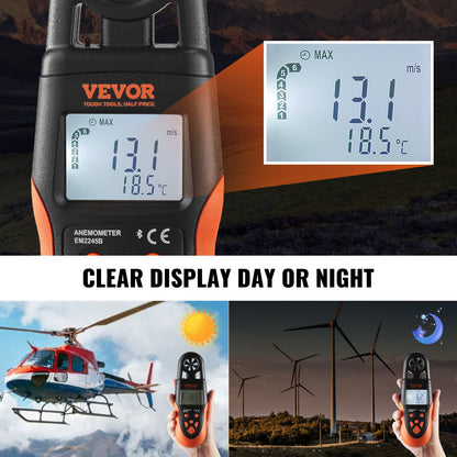 Bluetooth handhållen anemometer, 14℉-140℉, digital vindhastighetsmätare med LED-bakgrundsbelyst skärm, mäter vindhastighet, vindtemperatur, luftflöde, vindkylning, för surfing, drönare, flygning, HVAC