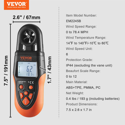 Bluetooth handhållen anemometer, 14℉-140℉, digital vindhastighetsmätare med LED-bakgrundsbelyst skärm, mäter vindhastighet, vindtemperatur, luftflöde, vindkylning, för surfing, drönare, flygning, HVAC
