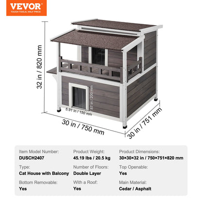 Väderbeständigt katthus för utomhusbruk, skydd för förvildade katter, stort utomhuskatthus i trä med två våningar, balkong, dörrar, PVC-dörrflikar och öppet tak, 76 cm L x 76 cm B x 81 cm H