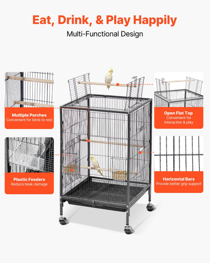 Bird Cage, 460 x 460 x 770 mm, Open Flat Top, Wrought Iron Bird Flight Cage with Perches, Slide-Out Tray and Plastic Feeders, Casters, for Parrot, Blue Tit, Cockatiel, Canary, Budgerigar, Conure