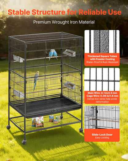 Bird Cage, 800 x 520 x 1320mm, Flat Top, Wrought Iron Bird Flight Cage with Perches, Slide-Out Tray and Plastic Feeders, Casters, for Parrot, Blue Tit, Cockatiel, Canary, and Monk Parakeet