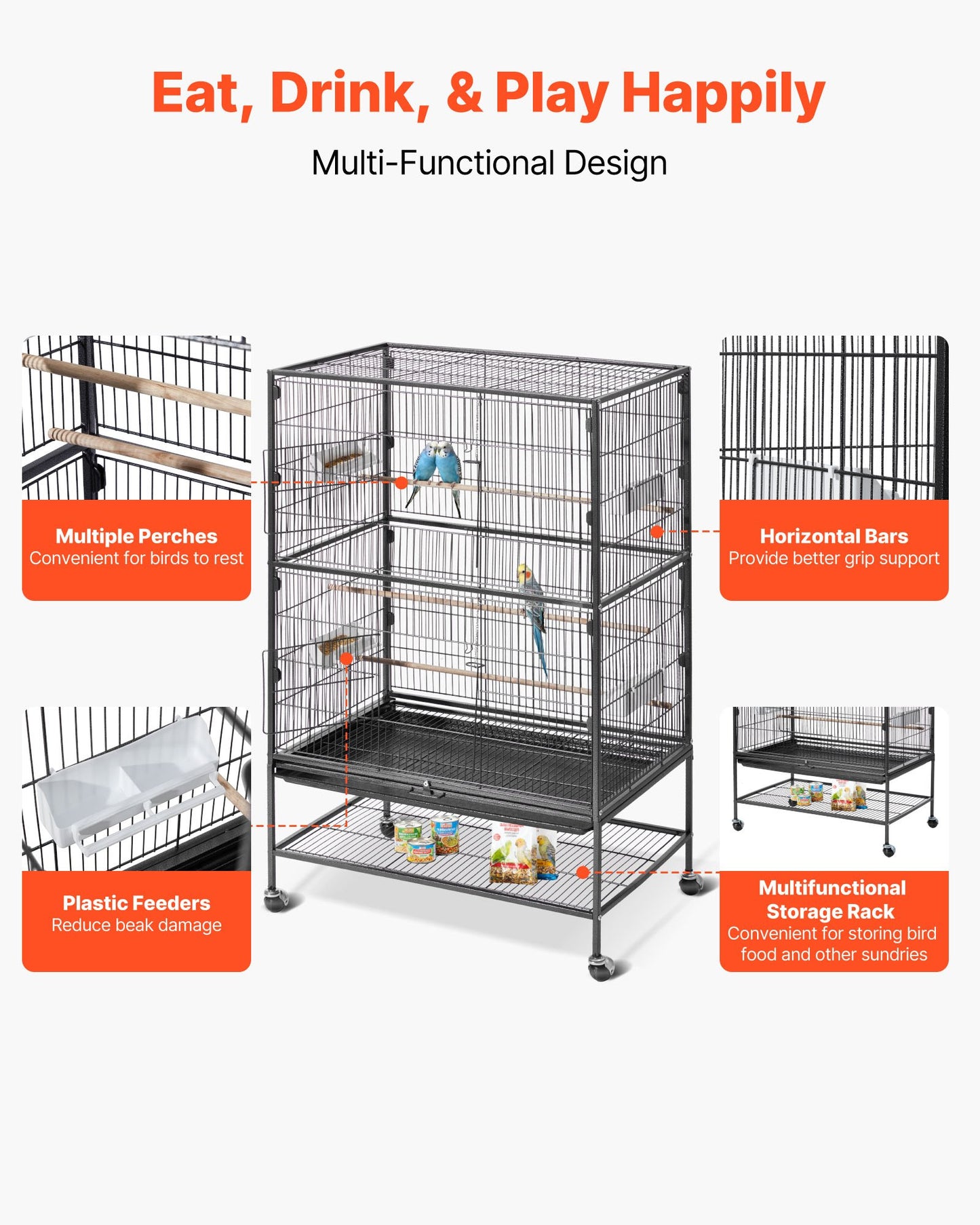 Bird Cage, 800 x 520 x 1320mm, Flat Top, Wrought Iron Bird Flight Cage with Perches, Slide-Out Tray and Plastic Feeders, Casters, for Parrot, Blue Tit, Cockatiel, Canary, and Monk Parakeet