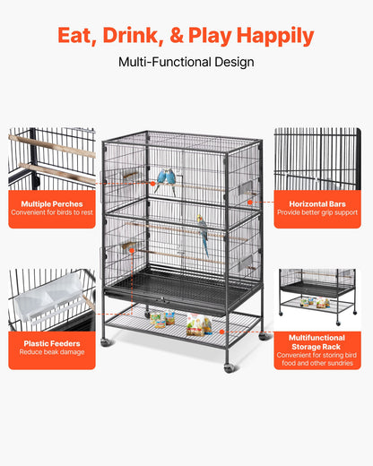 Bird Cage, 800 x 520 x 1320mm, Flat Top, Wrought Iron Bird Flight Cage with Perches, Slide-Out Tray and Plastic Feeders, Casters, for Parrot, Blue Tit, Cockatiel, Canary, and Monk Parakeet