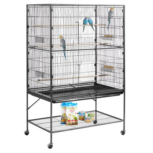 Bird Cage, 930 x 580 x 1510 mm, Flat Top, Wrought Iron Bird Flight Cage with Perches, Slide-Out Tray and Plastic Feeders, for Blue Tit, Cockatiel, Canary, Monk Parakeet, African Grey Parrot