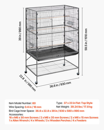 Bird Cage, 930 x 580 x 1510 mm, Flat Top, Wrought Iron Bird Flight Cage with Perches, Slide-Out Tray and Plastic Feeders, for Blue Tit, Cockatiel, Canary, Monk Parakeet, African Grey Parrot