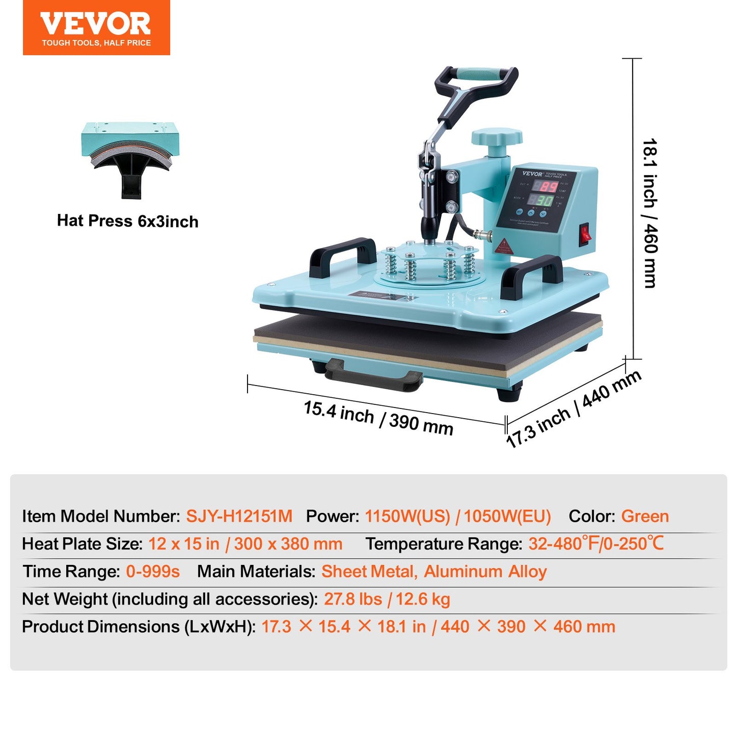 Värmepress 30,5x38,1 cm 2-i-1 värmeöverföringsmaskin för T-shirts, hattar