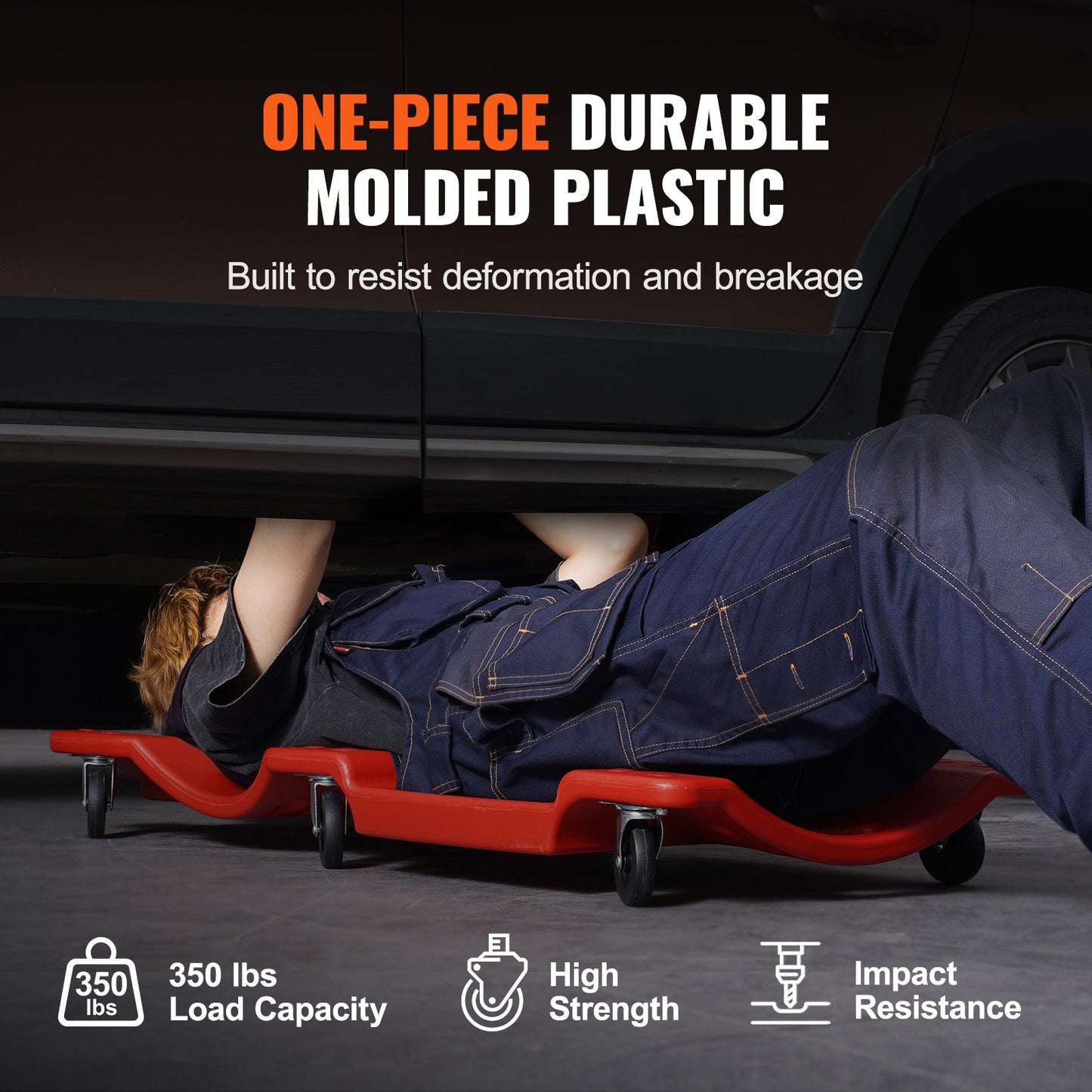Mechanic Plastic Creeper, 914 mm, 158.8 kg Capacity Automotive Rolling Garage Creeper with Molded Ergonomic HDPE Body Padded Headrest & Dual Tool Trays 6 Wheels, for Garage Shop Auto Repair