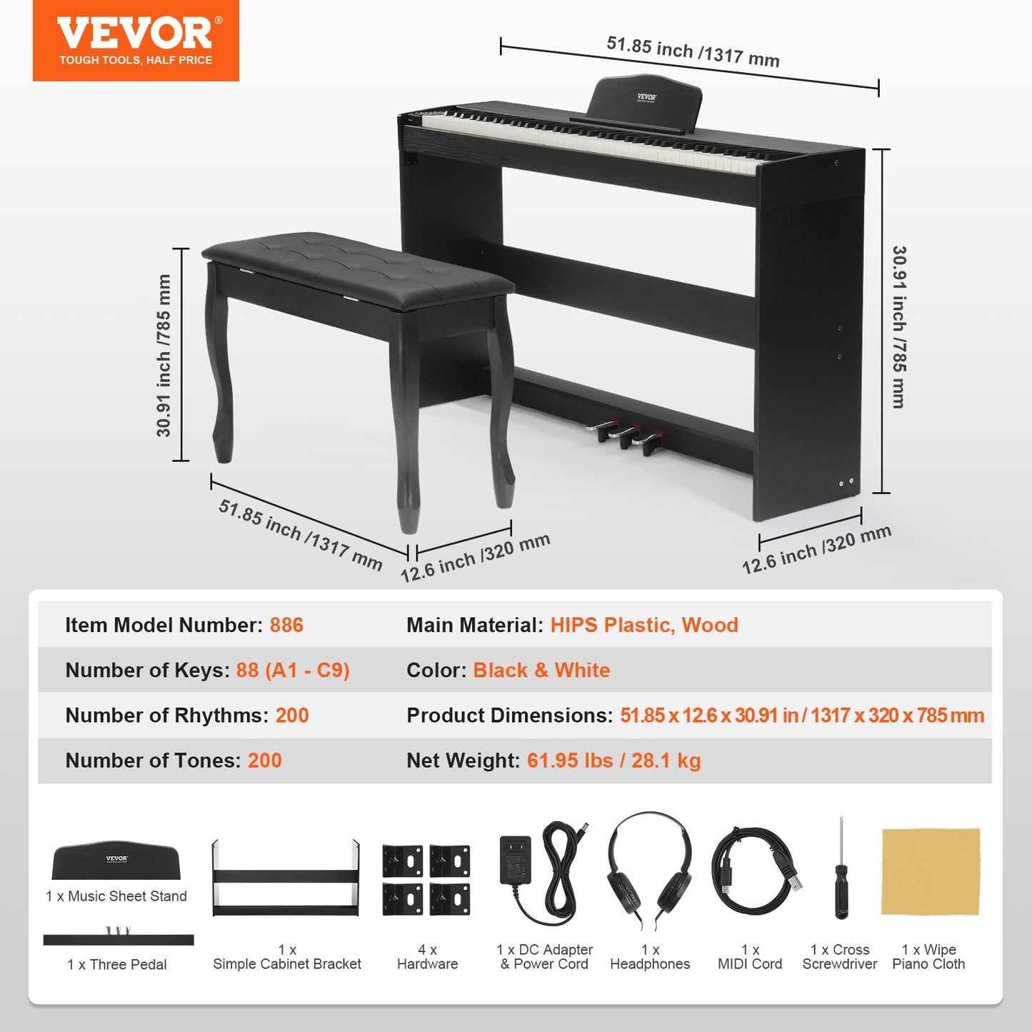Weighted Digital Piano, 88 Key Fully Weighted Keys, Dual Keyboard & Speakers Simple Cabinet Bracket with Twin Bench Headphone 200 Tones & Rhythms, Support Bluetooth/USB/MIDI, for Teachers Lesson