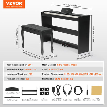 Weighted Digital Piano, 88 Key Fully Weighted Keys, Dual Keyboard & Speakers Simple Cabinet Bracket with Twin Bench Headphone 200 Tones & Rhythms, Support Bluetooth/USB/MIDI, for Teachers Lesson
