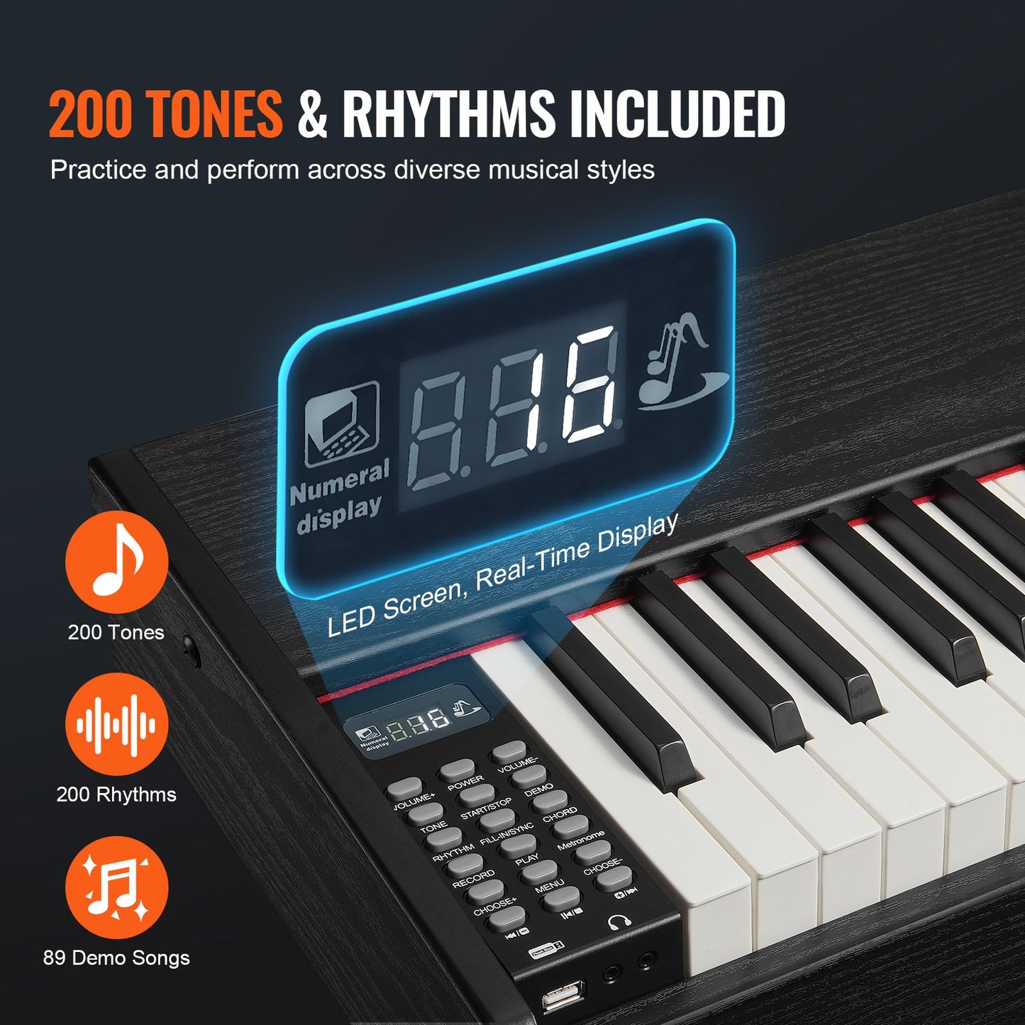 Viktat digitalpiano, 88 tangenter med fullt viktade tangenter, elpiano, dubbla keyboard och högtalare, enkelt kabinettfäste med hörlurar, 200 toner och rytmer, stöd för Bluetooth/USB/MIDI, för nybörjare