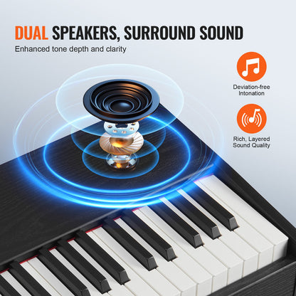 Viktat digitalpiano, 88 tangenter med fullt viktade tangenter, elpiano, dubbla keyboard och högtalare, enkelt kabinettfäste med hörlurar, 200 toner och rytmer, stöd för Bluetooth/USB/MIDI, för nybörjare