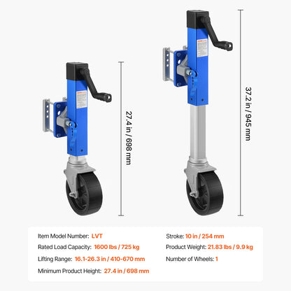 Domkraft med hjul, 1600 lbs kraftig svängbar båttrailerdomkraft PP enkelhjul, 10" lyft, bultad domkraft med ergonomiskt handtag för husbil, båt, hästtrailer, allmänt släpvagn