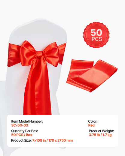 Satinstolsbågar med rosetter, 50 st. stolsband med band, 7 x 108 tum, röd bröllopsdekoration, för bröllopsceremoni, babyshower, fest, evenemang, bankett, stolsöverdrag