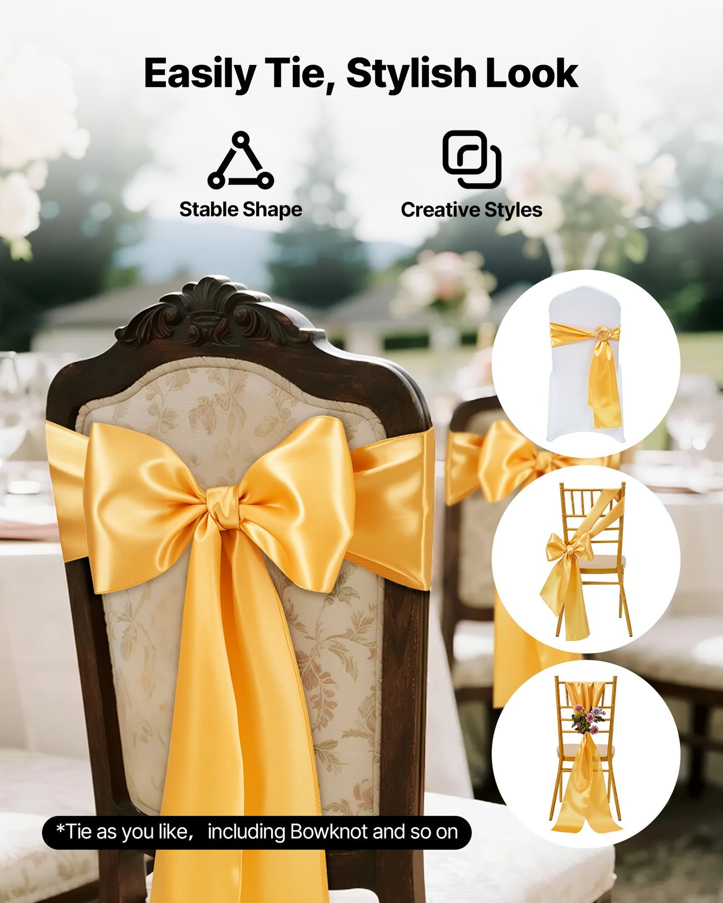 Satinstolsbågar med rosetter, 100 st stolsband med band, 7 x 108 tum, guldfärgad bröllopsdekoration, för bröllopsceremoni, babyshower, fest, evenemang, bankett, stolsöverdrag