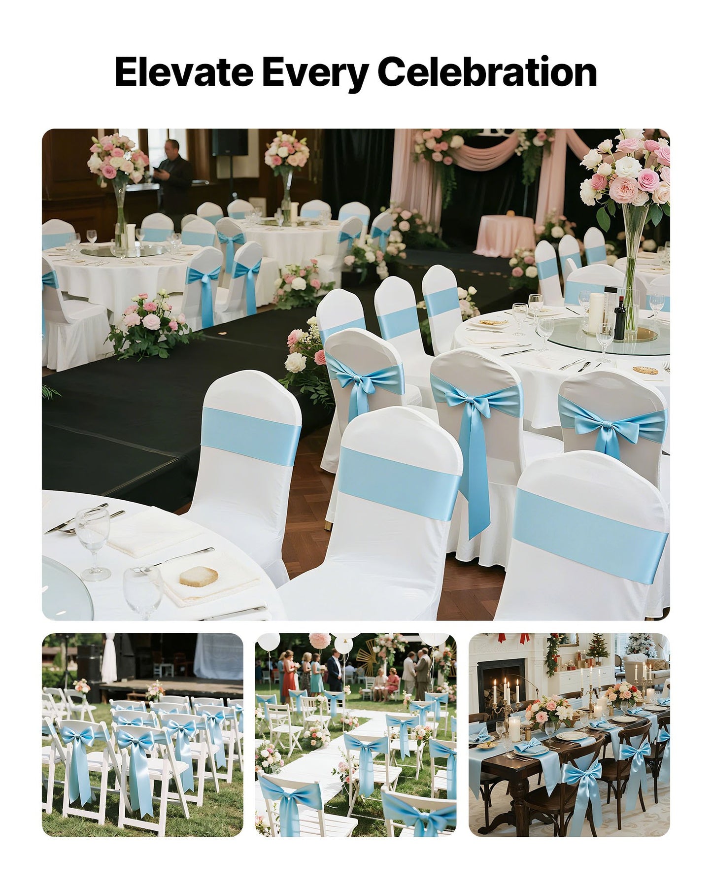 Satinstolsbågar med rosetter, 100 st stolsband med band, 7 x 108 tum, ljusblå bröllopsdekoration, för bröllopsceremoni, babyshower, fest, evenemang, bankett, stolsöverdrag