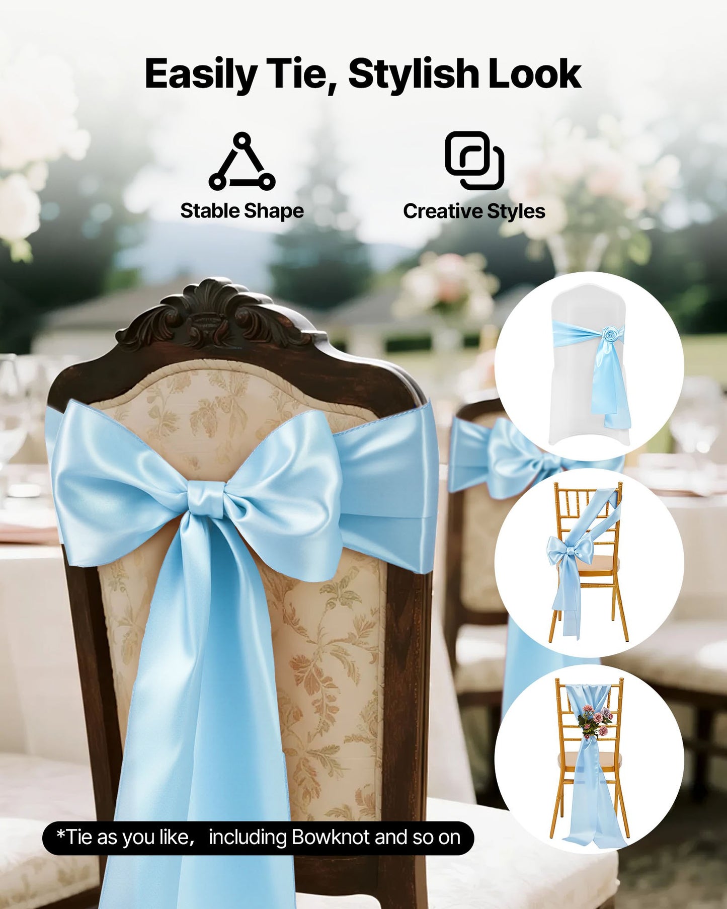 Satinstolsbågar med rosetter, 100 st stolsband med band, 7 x 108 tum, ljusblå bröllopsdekoration, för bröllopsceremoni, babyshower, fest, evenemang, bankett, stolsöverdrag