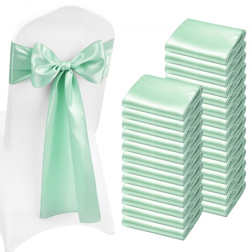 Satinstolsbågar med rosetter, 100 st stolsband med band, 7 x 108 tum, ljusgrön bröllopsdekoration, för bröllopsceremoni, babyshower, fest, evenemang, bankett, stolsöverdrag
