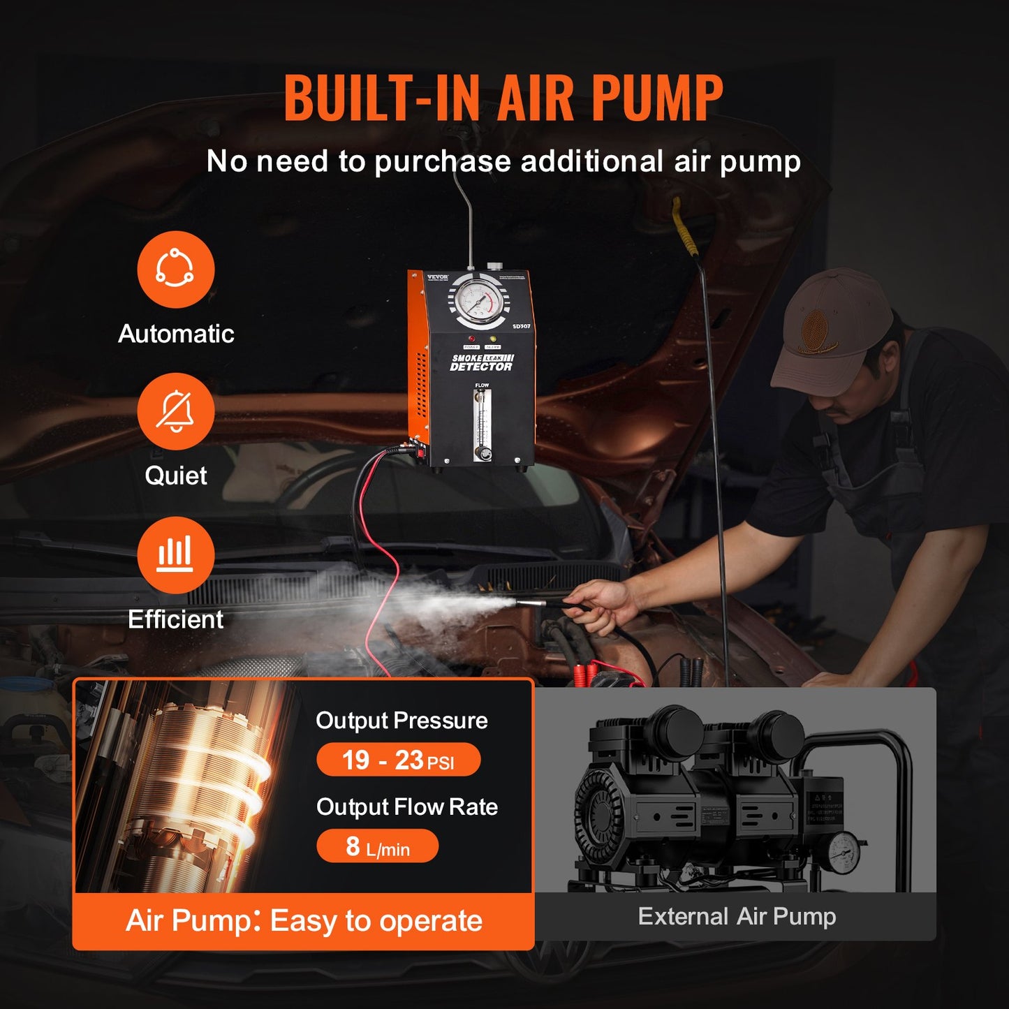 Läckagedetektor för bilrökmaskin, EVAP-vakuumbränsleläckagetestare med inbyggd luftpump, tryckmätare och flödesmätare, 2-läges vakuumrörbränslediagnostisk detektor för 12V bilar lastbilar båtar