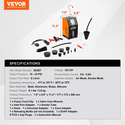 Läckagedetektor för bilrökmaskin, EVAP-vakuumbränsleläckagetestare med inbyggd luftpump, tryckmätare och flödesmätare, 2-läges vakuumrörbränslediagnostisk detektor för 12V bilar lastbilar båtar