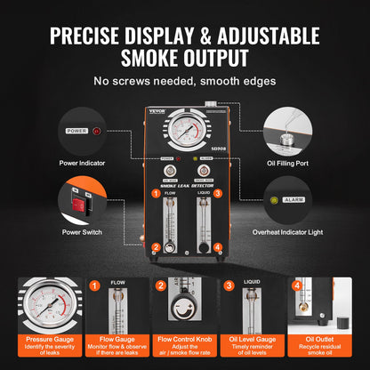 Läckagedetektor för bilrökmaskiner, läckagetestare för avdunstning av rökmaskiner med inbyggd luftpump, tryckmätare, oljenivå och flödesmätare, vakuumdiagnostisk detektor med 2 lägen för avdunstning av bränslerörssystem