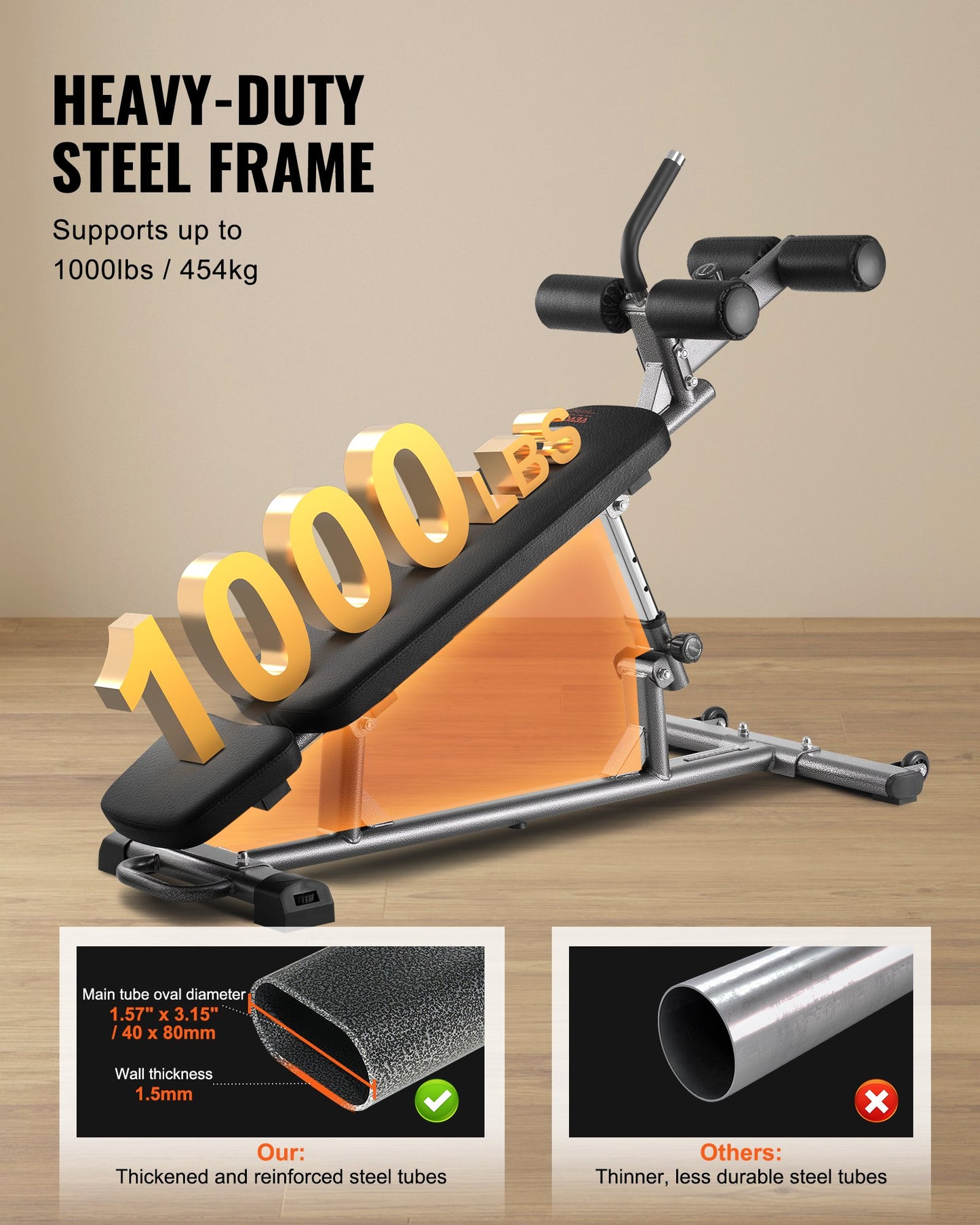 Sit Up-bänk, nedåtgående magbänk med omvänd crunch-handtag, med 4 justerbara höjdinställningar, kraftigt stål, 453 kg kapacitet, för hemmagym, styrketräning, helkroppsmuskler