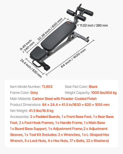 Sit Up-bänk, nedåtgående magbänk med omvänd crunch-handtag, med 4 justerbara höjdinställningar, kraftigt stål, 453 kg kapacitet, för hemmagym, styrketräning, helkroppsmuskler