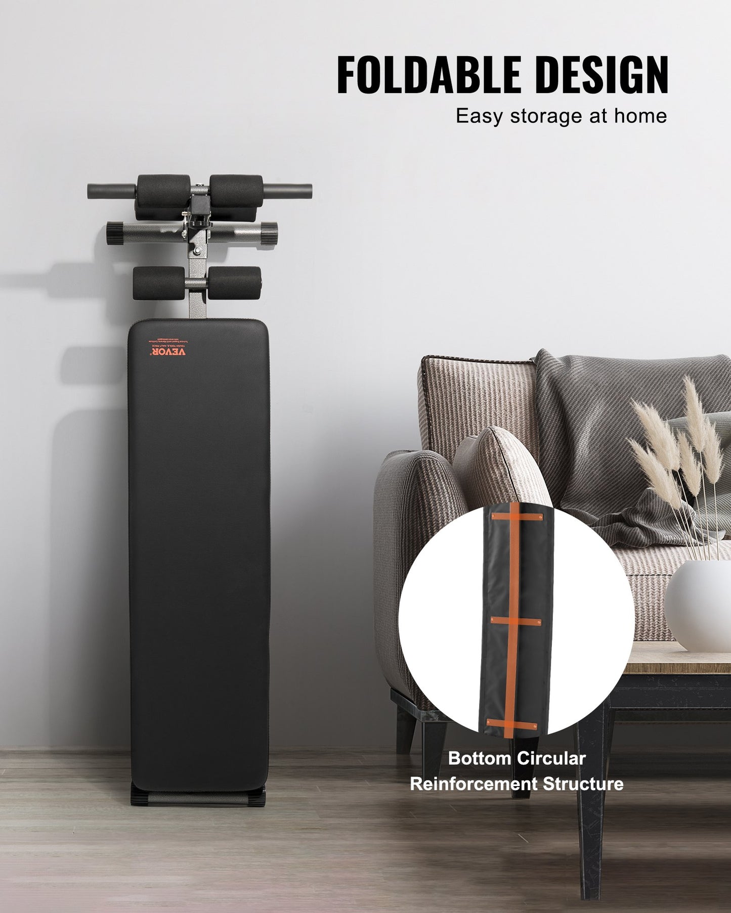 Sit Up-bänk, hopfällbar böjd, nedåtgående magbänk, med 5 justerbara höjdinställningar, kraftigt stål, halkfri design, 226 kg kapacitet för hemmagym, styrketräning, helkroppsmuskler