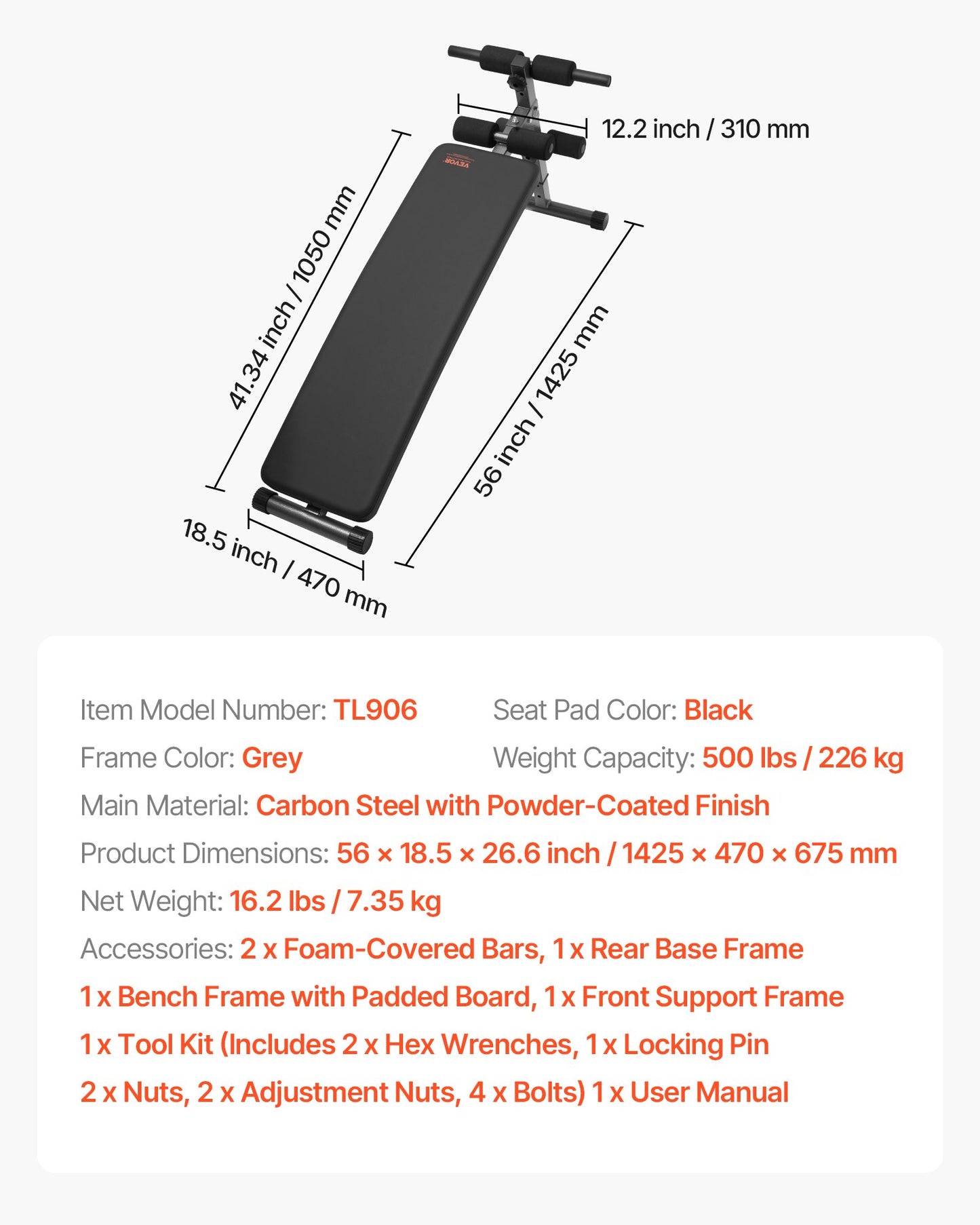 Sit Up-bänk, hopfällbar böjd, nedåtgående magbänk, med 5 justerbara höjdinställningar, kraftigt stål, halkfri design, 226 kg kapacitet för hemmagym, styrketräning, helkroppsmuskler