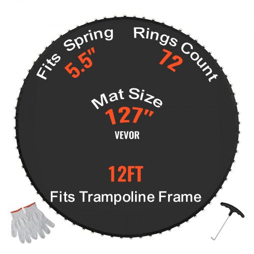 Ersättningsstudsmatta, hoppmatta passar 12 fots ram, universal hoppmatta för 12 fots rund studsmatta, förstärkt UV-resistent matta med fjäderverktyg och slitstarka V-ringar, passar 5,5" fjäderlängd