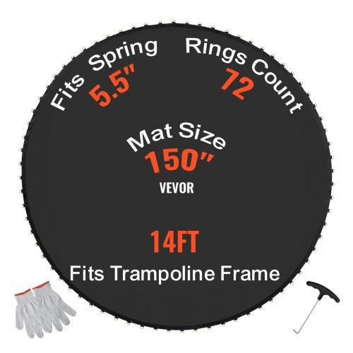 Ersättningsstudsmatta, hoppmatta passar 14ft ram, universal hoppmatta för 14ft rund studsmatta, förstärkt UV-resistent matta med fjäderverktyg och slitstarka V-ringar, passar 5,5" fjäderlängd