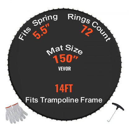 Ersättningsstudsmatta, hoppmatta passar 14ft ram, universal hoppmatta för 14ft rund studsmatta, förstärkt UV-resistent matta med fjäderverktyg och slitstarka V-ringar, passar 5,5" fjäderlängd