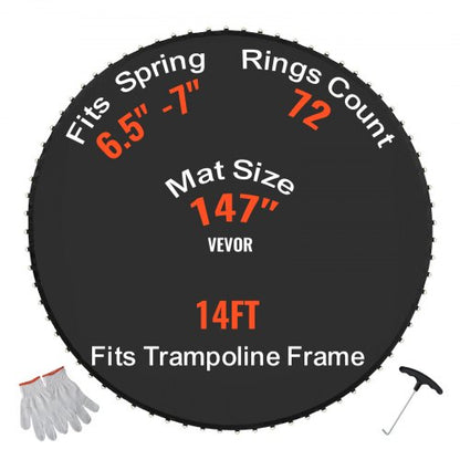 Ersättningsstudsmatta, hoppmatta passar 14ft ram, universal hoppmatta för 14ft rund studsmatta, förstärkt UV-resistent matta med fjäderverktyg och slitstarka V-ringar, passar 6,5"-7" fjäderlängd