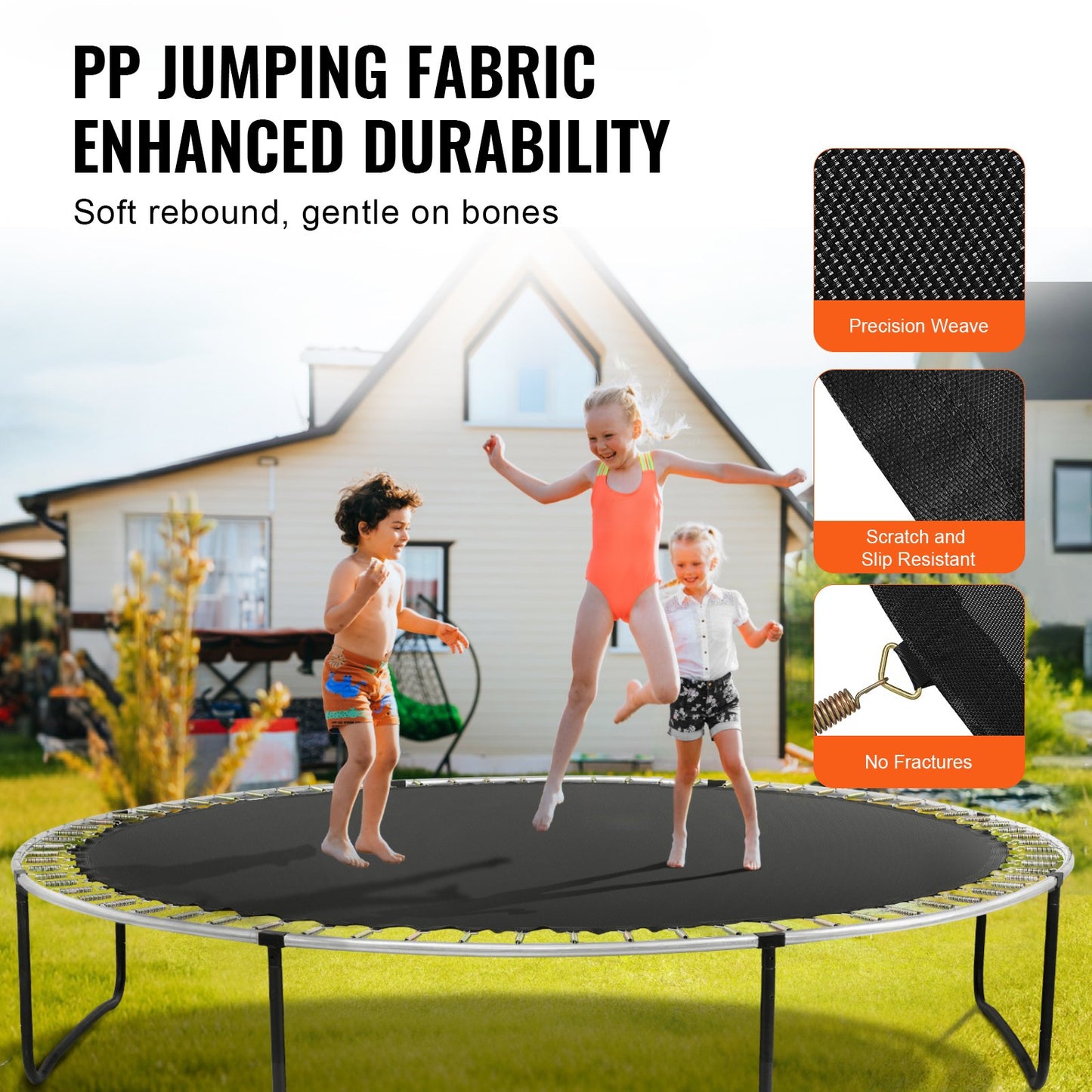Ersättningsstudsmatta, hoppmatta passar 14ft ram, universal hoppmatta för 14ft rund studsmatta, förstärkt UV-resistent matta med fjäderverktyg och slitstarka V-ringar, passar 6,5"-7" fjäderlängd