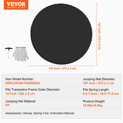 Ersättningsstudsmatta, hoppmatta passar 14ft ram, universal hoppmatta för 14ft rund studsmatta, förstärkt UV-resistent matta med fjäderverktyg och slitstarka V-ringar, passar 6,5"-7" fjäderlängd
