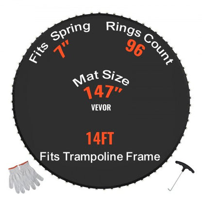 Ersättningsstudsmatta, hoppmatta passar 14 fots ram, universal hoppmatta för 14 fots rund studsmatta, förstärkt UV-resistent matta med fjäderverktyg och slitstarka V-ringar, passar 7" fjäderlängd