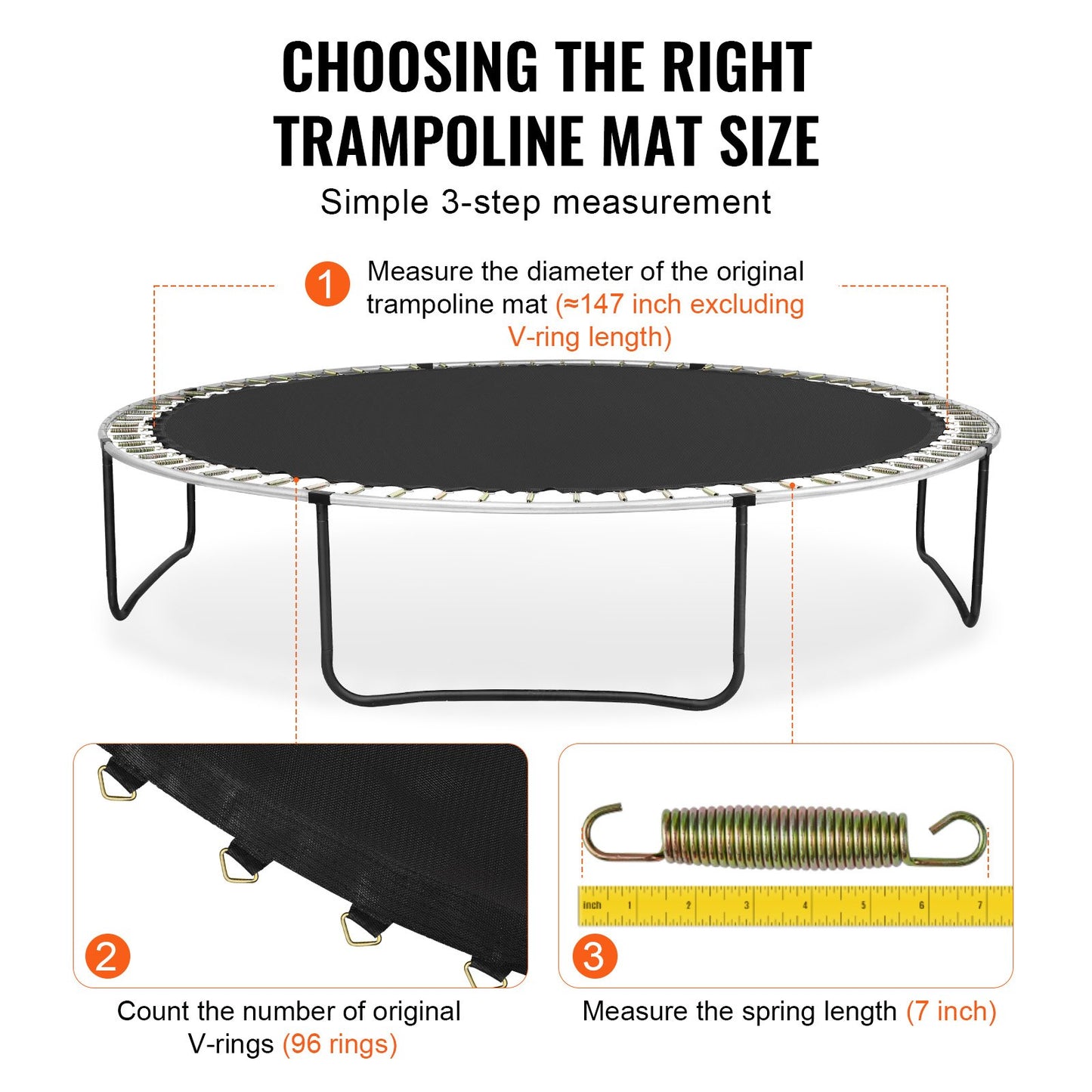 Ersättningsstudsmatta, hoppmatta passar 14 fots ram, universal hoppmatta för 14 fots rund studsmatta, förstärkt UV-resistent matta med fjäderverktyg och slitstarka V-ringar, passar 7" fjäderlängd