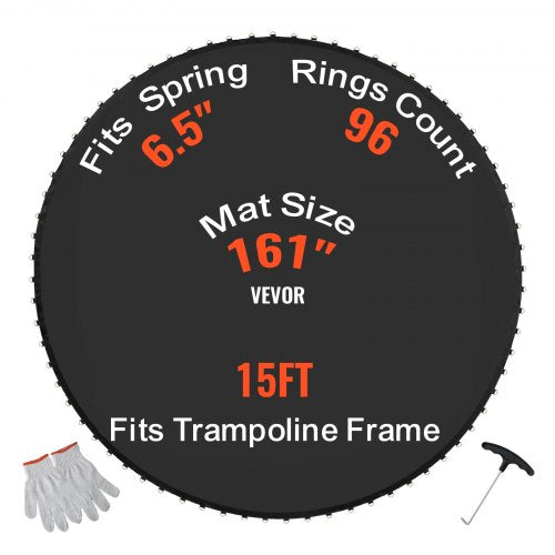 Ersättningsstudsmatta, hoppmatta passar 15 fots ram, universal hoppmatta för 15 fots rund studsmatta, förstärkt UV-resistent matta med fjäderverktyg och slitstarka V-ringar, passar 6,5" fjäderlängd