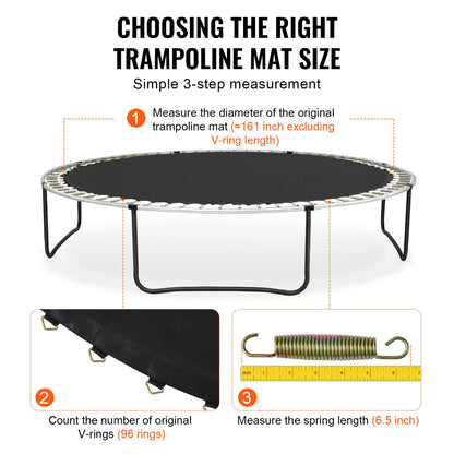 Ersättningsstudsmatta, hoppmatta passar 15 fots ram, universal hoppmatta för 15 fots rund studsmatta, förstärkt UV-resistent matta med fjäderverktyg och slitstarka V-ringar, passar 6,5" fjäderlängd