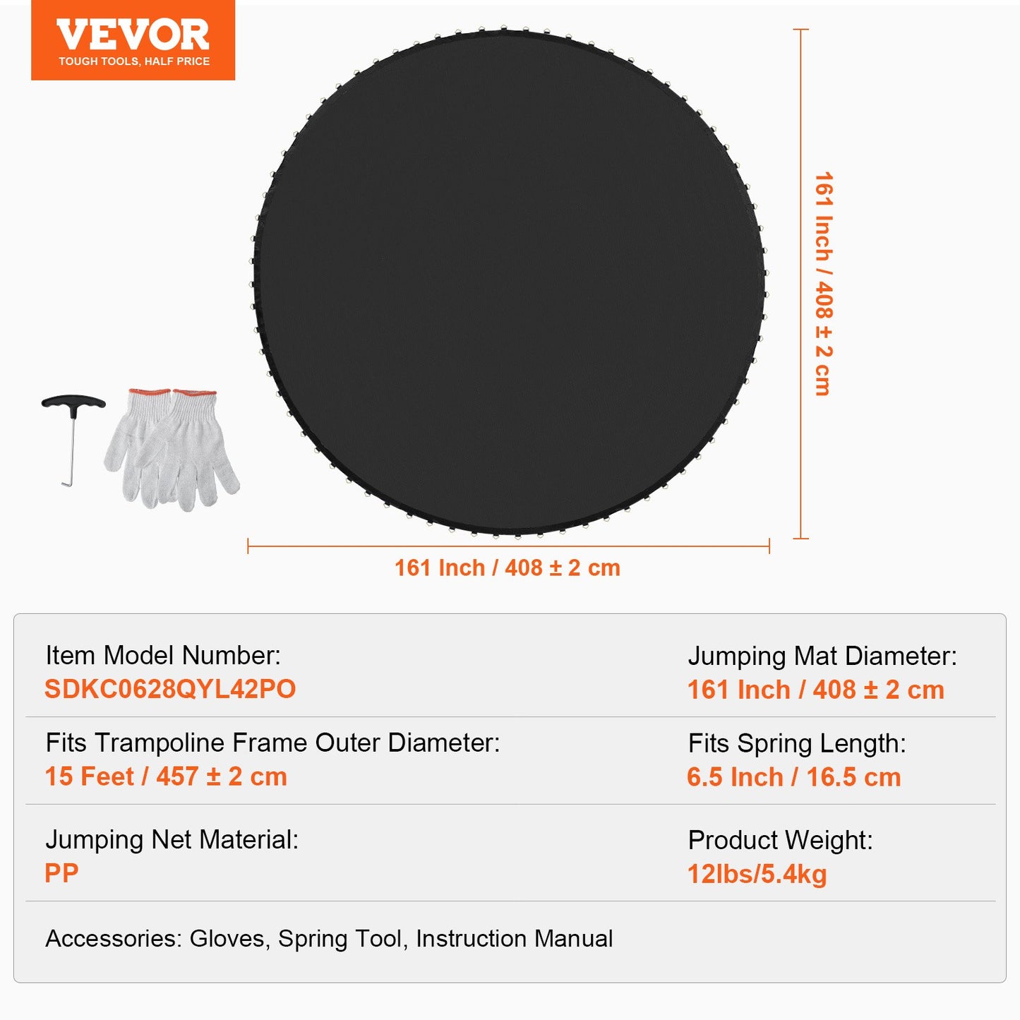 Ersättningsstudsmatta, hoppmatta passar 15 fots ram, universal hoppmatta för 15 fots rund studsmatta, förstärkt UV-resistent matta med fjäderverktyg och slitstarka V-ringar, passar 6,5" fjäderlängd