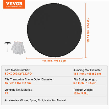 Ersättningsstudsmatta, hoppmatta passar 15 fots ram, universal hoppmatta för 15 fots rund studsmatta, förstärkt UV-resistent matta med fjäderverktyg och slitstarka V-ringar, passar 6,5" fjäderlängd
