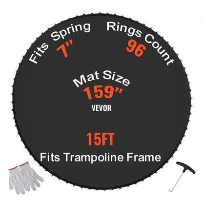 Ersättningsstudsmatta, hoppmatta passar 15 fots ram, universal hoppmatta för 15 fots rund studsmatta, förstärkt UV-resistent matta med fjäderverktyg och slitstarka V-ringar, passar 7" fjäderlängd
