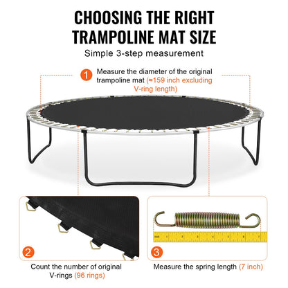 Ersättningsstudsmatta, hoppmatta passar 15 fots ram, universal hoppmatta för 15 fots rund studsmatta, förstärkt UV-resistent matta med fjäderverktyg och slitstarka V-ringar, passar 7" fjäderlängd